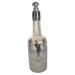 Art Deco Silver Overlay Cut Glass Golf Themed Back Bar Bottle or Decanter