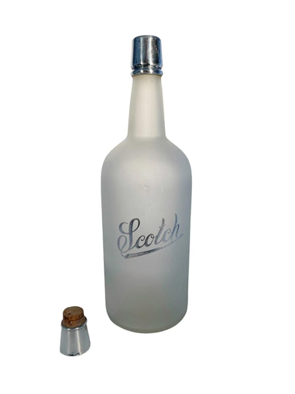 Art Deco back bar bottle or decanter with silver overlay on a frosted ground. Silver over lay collar and the word 