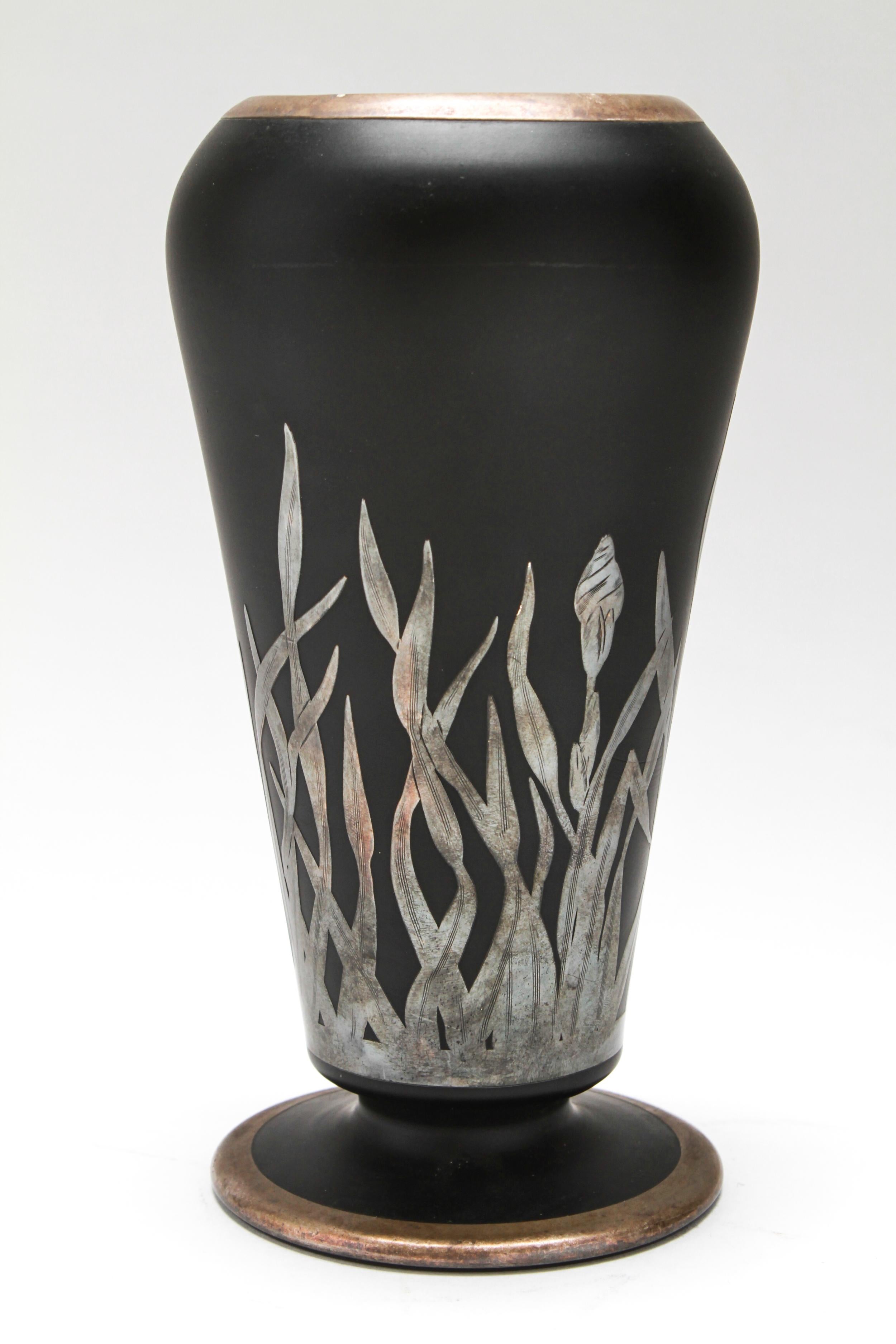 Art Deco Silver Overlay Iris Black Glass Vase Attributed to Rockwell In Good Condition In New York, NY