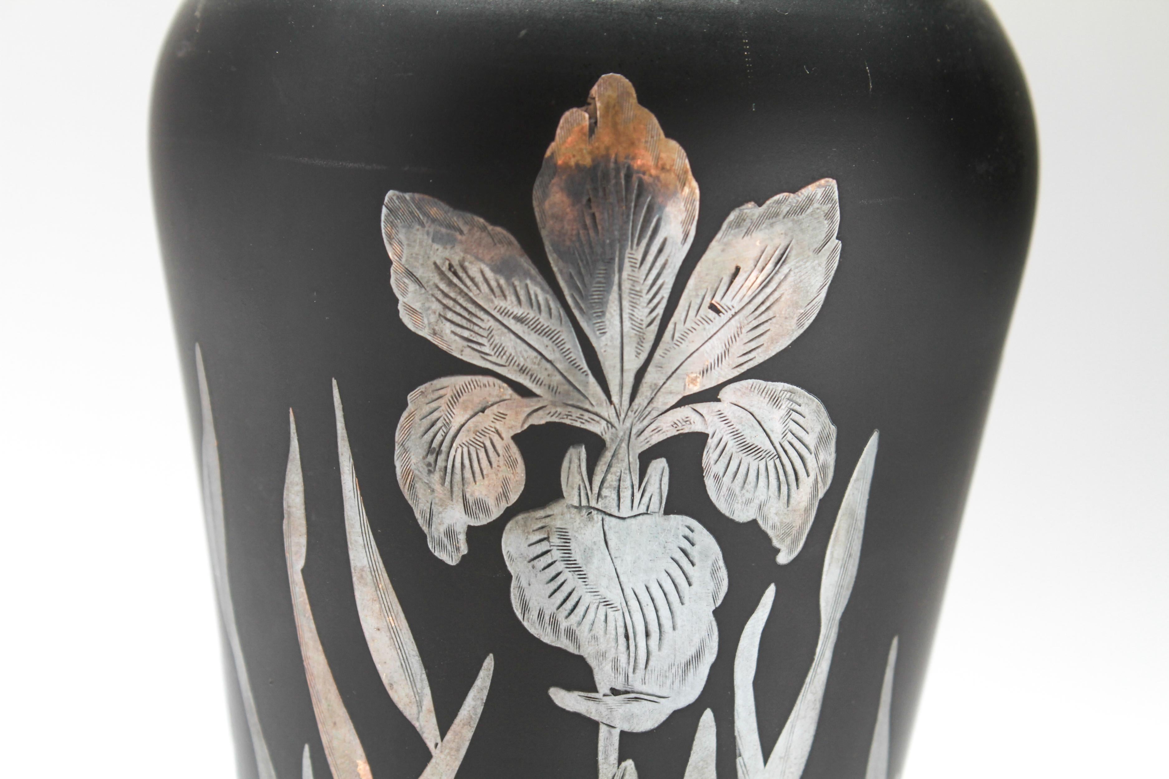 Art Deco Silver Overlay Iris Black Glass Vase Attributed to Rockwell 2