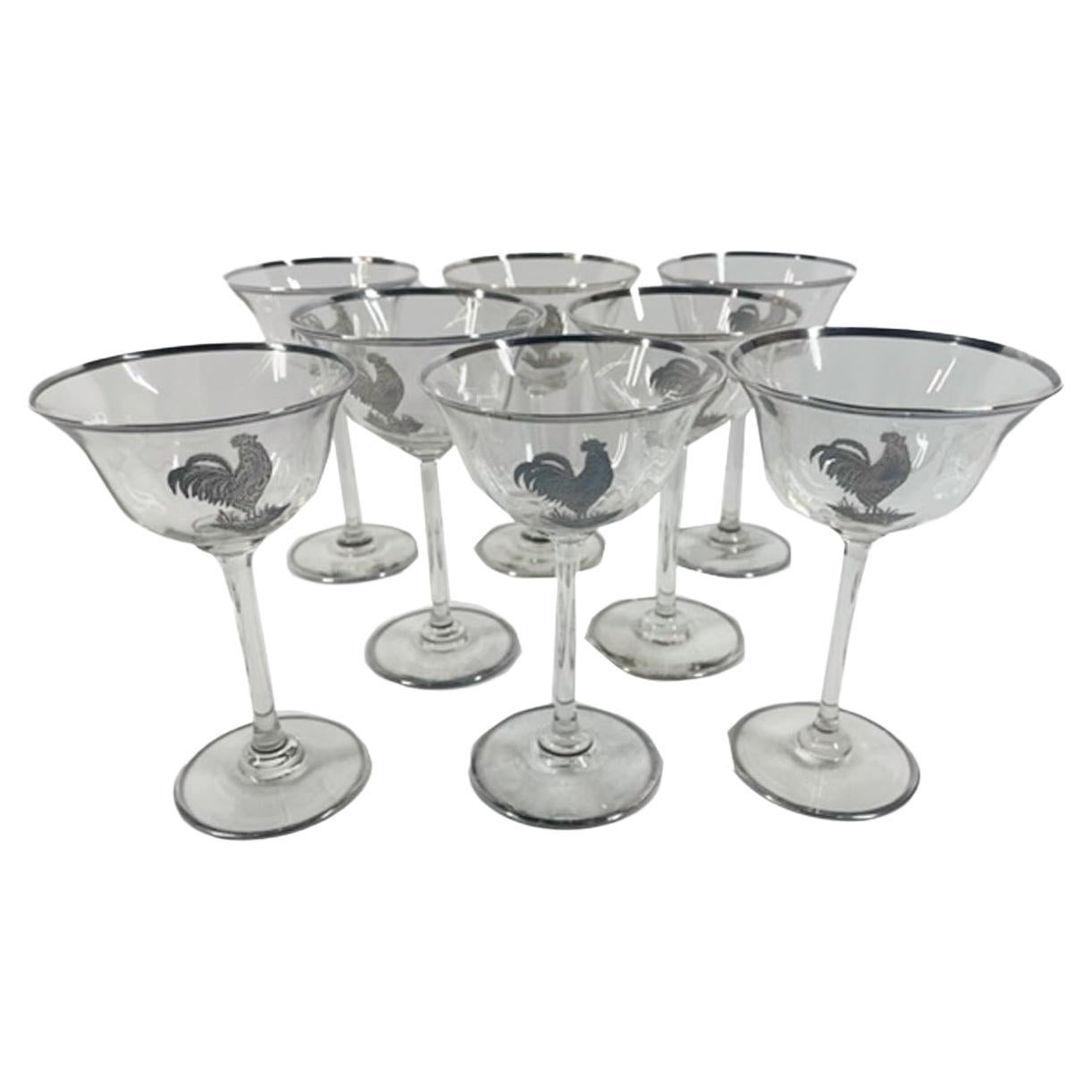 Art Deco Silver Overlay Optical Glass Martini Glasses with Roosters