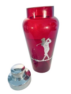 Art Deco Silver Overlay Ruby Red Glass Golf Themed Cocktail Shaker w/ Chrome Lid