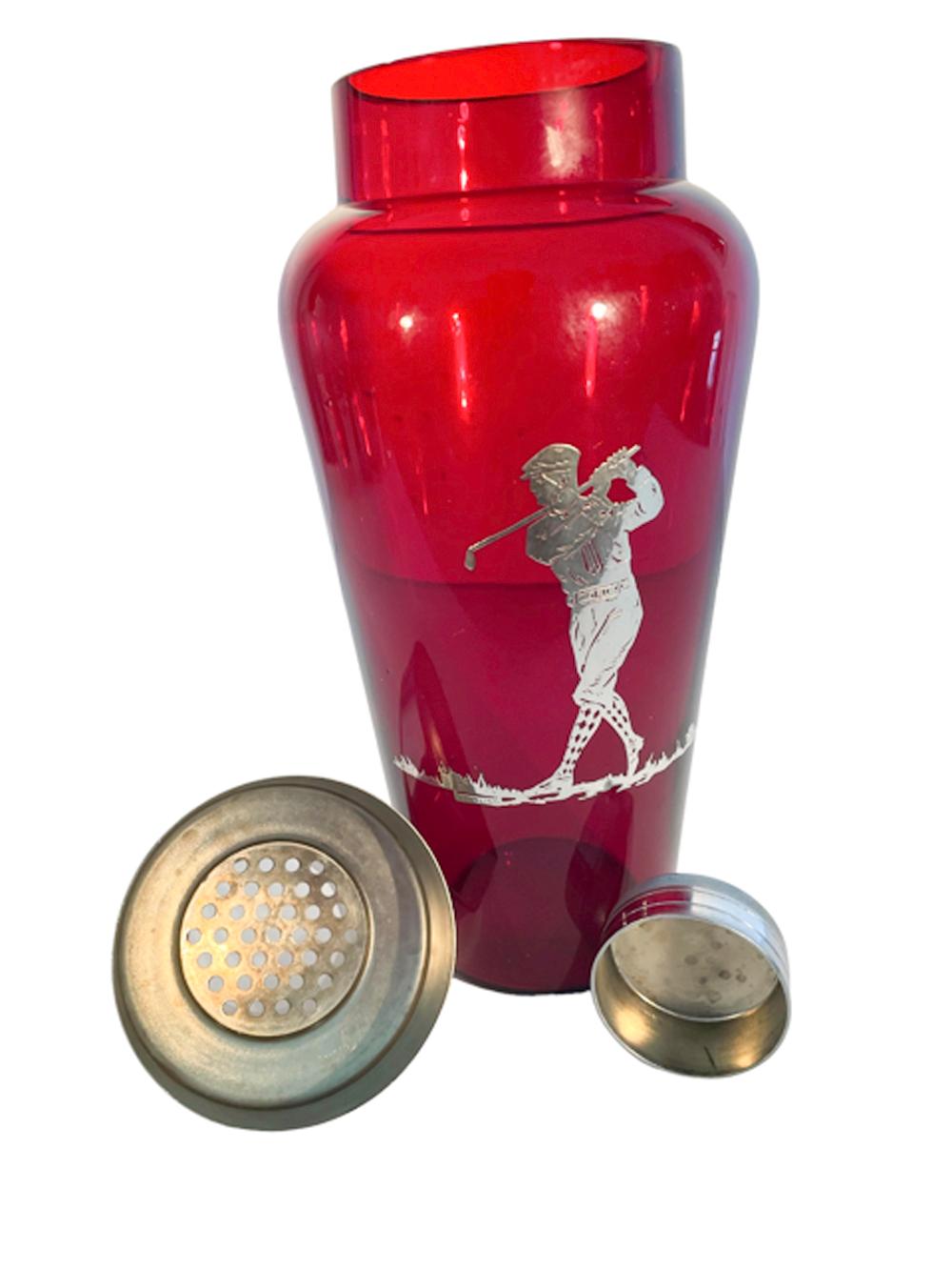 Art Deco Silver Overlay Ruby Red Glass Golf Themed Cocktail Shaker w/ Chrome Lid In Good Condition For Sale In Nantucket, MA