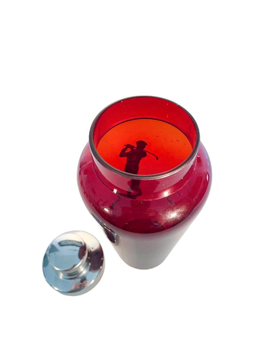 20th Century Art Deco Silver Overlay Ruby Red Glass Golf Themed Cocktail Shaker w/ Chrome Lid For Sale