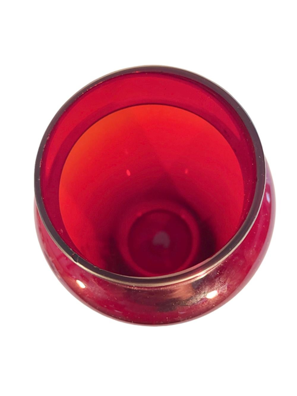 20th Century Art Deco Silver Overlay Ruby Red Glass Golf Themed Cocktail Shaker w/ Chrome Lid