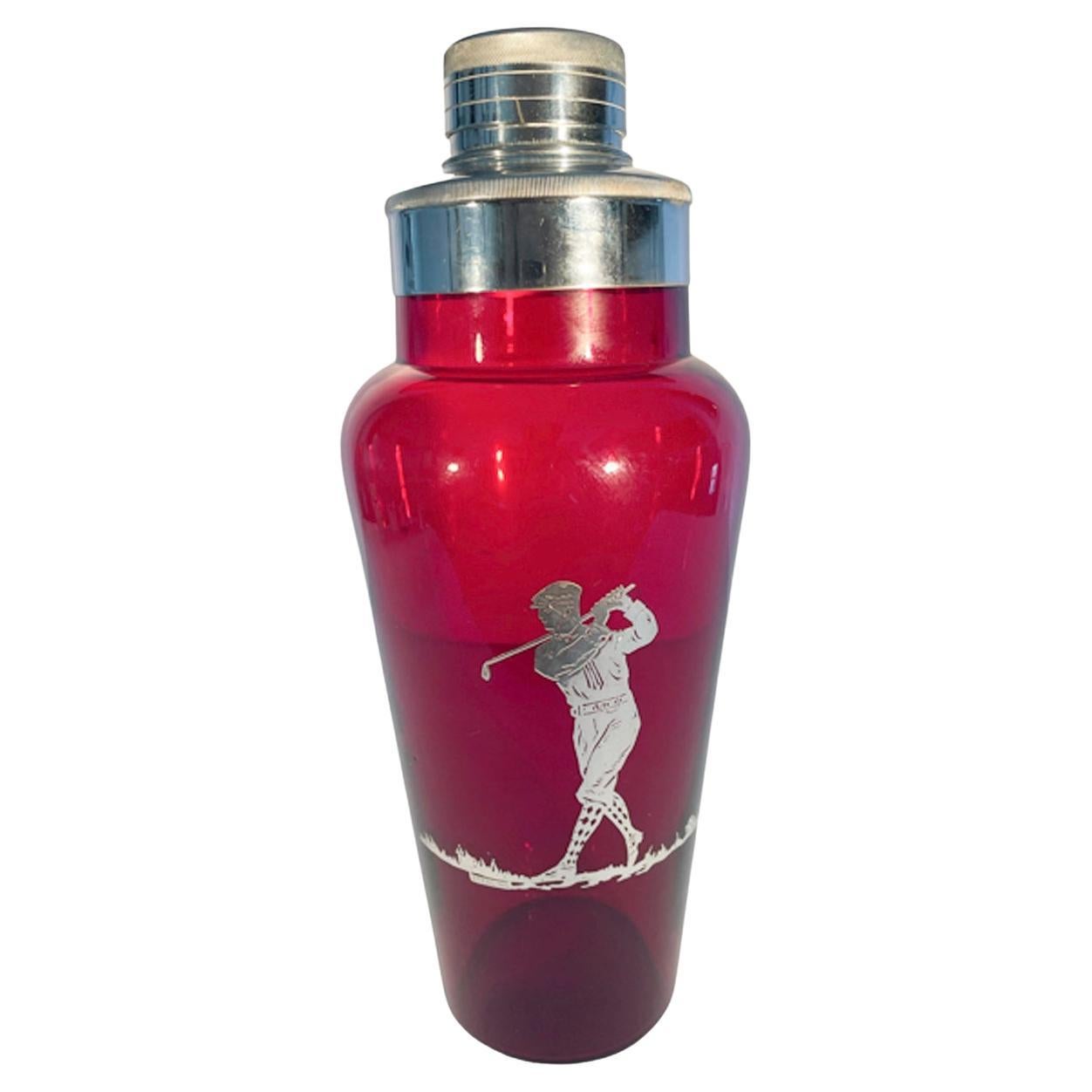 Art Deco Silver Overlay Ruby Red Glass Golf Themed Cocktail Shaker w/ Chrome Lid For Sale