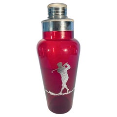 Art Deco Silver Overlay Ruby Red Glass Golf Themed Cocktail Shaker w/ Chrome Lid