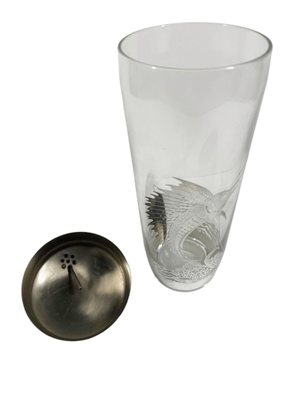 American Art Deco Silver Overlay Sailfish Cocktail Shaker & Six DOF by Rockwell Silver For Sale