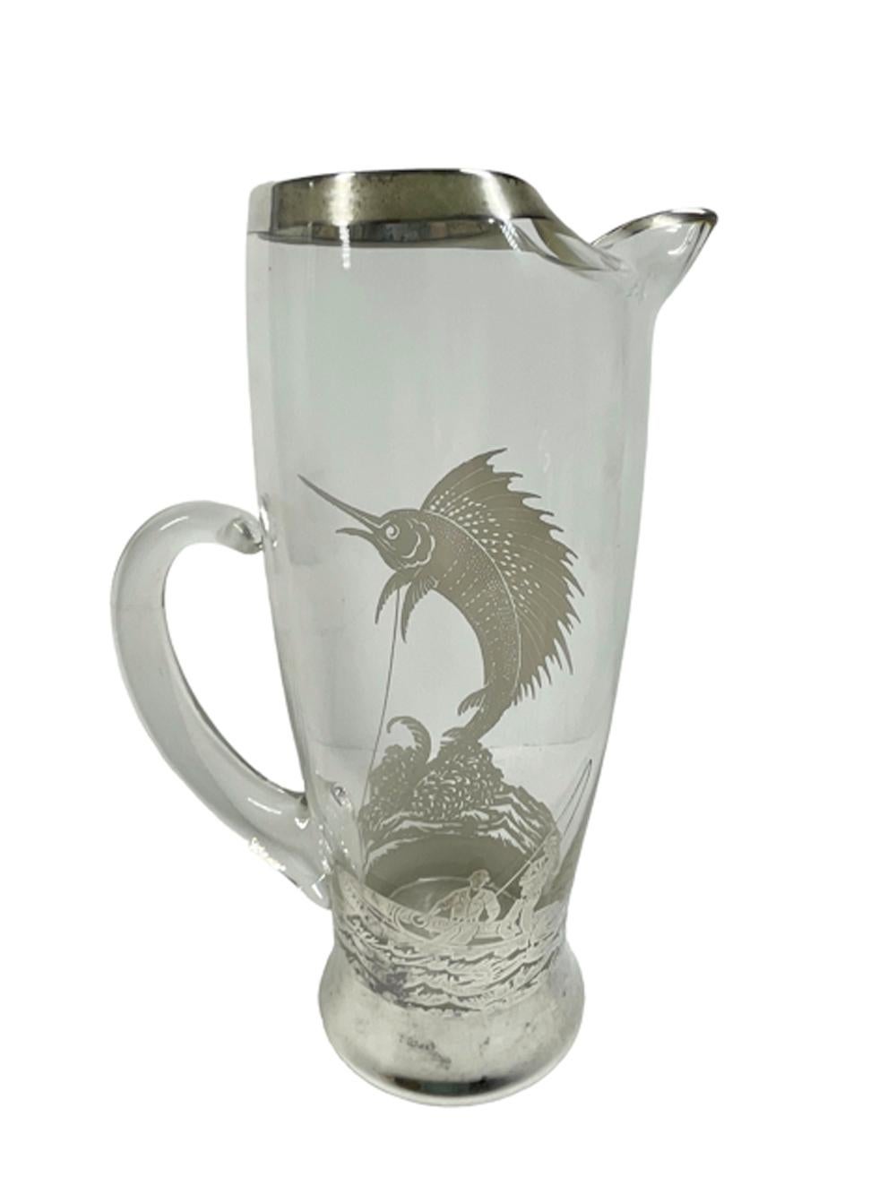 Art Deco Silver Overlay Sailfish Pitcher and Eight Tumblers by Rockwell Silver For Sale 6