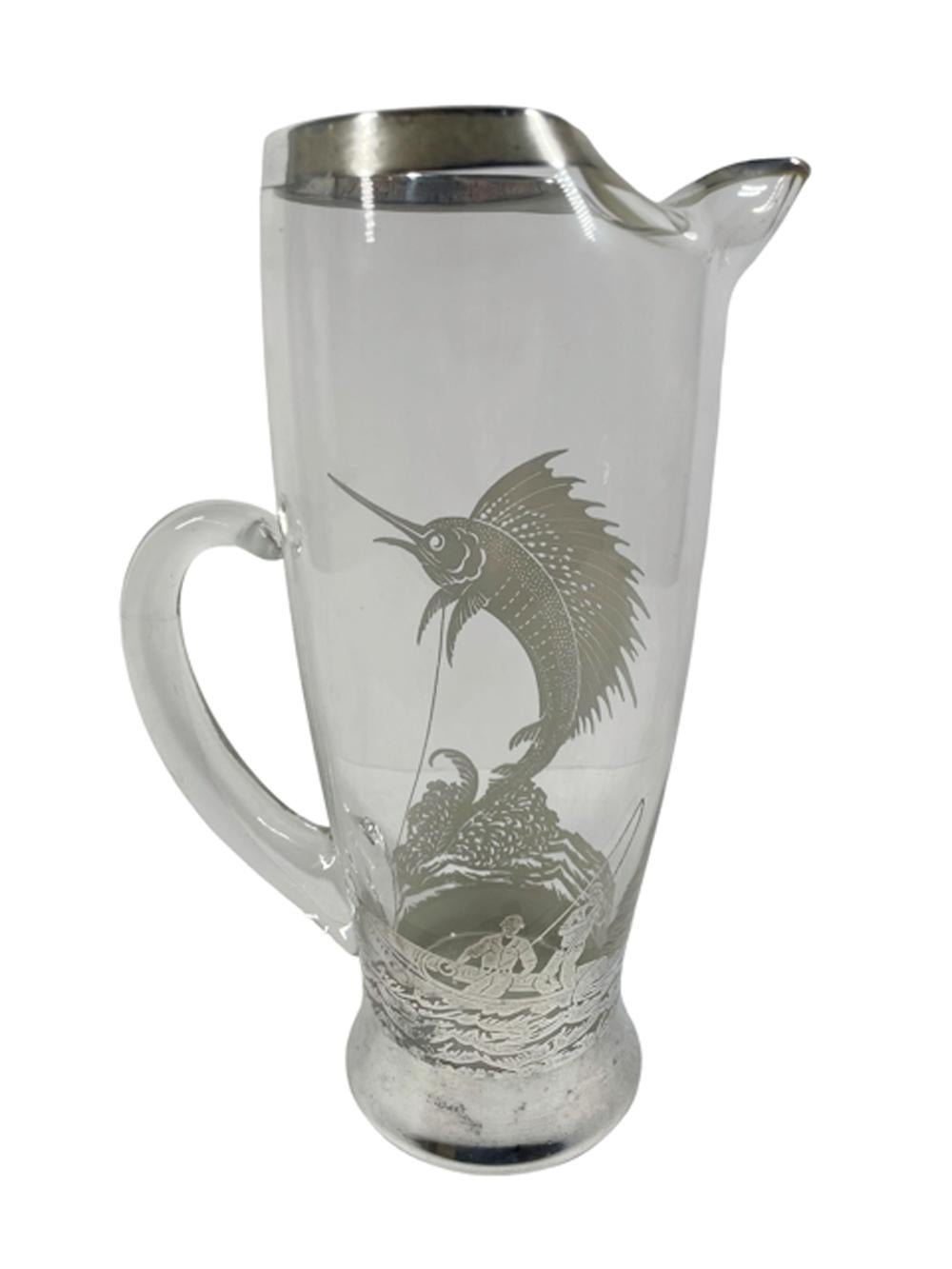 American Art Deco Silver Overlay Sailfish Pitcher and Eight Tumblers by Rockwell Silver For Sale