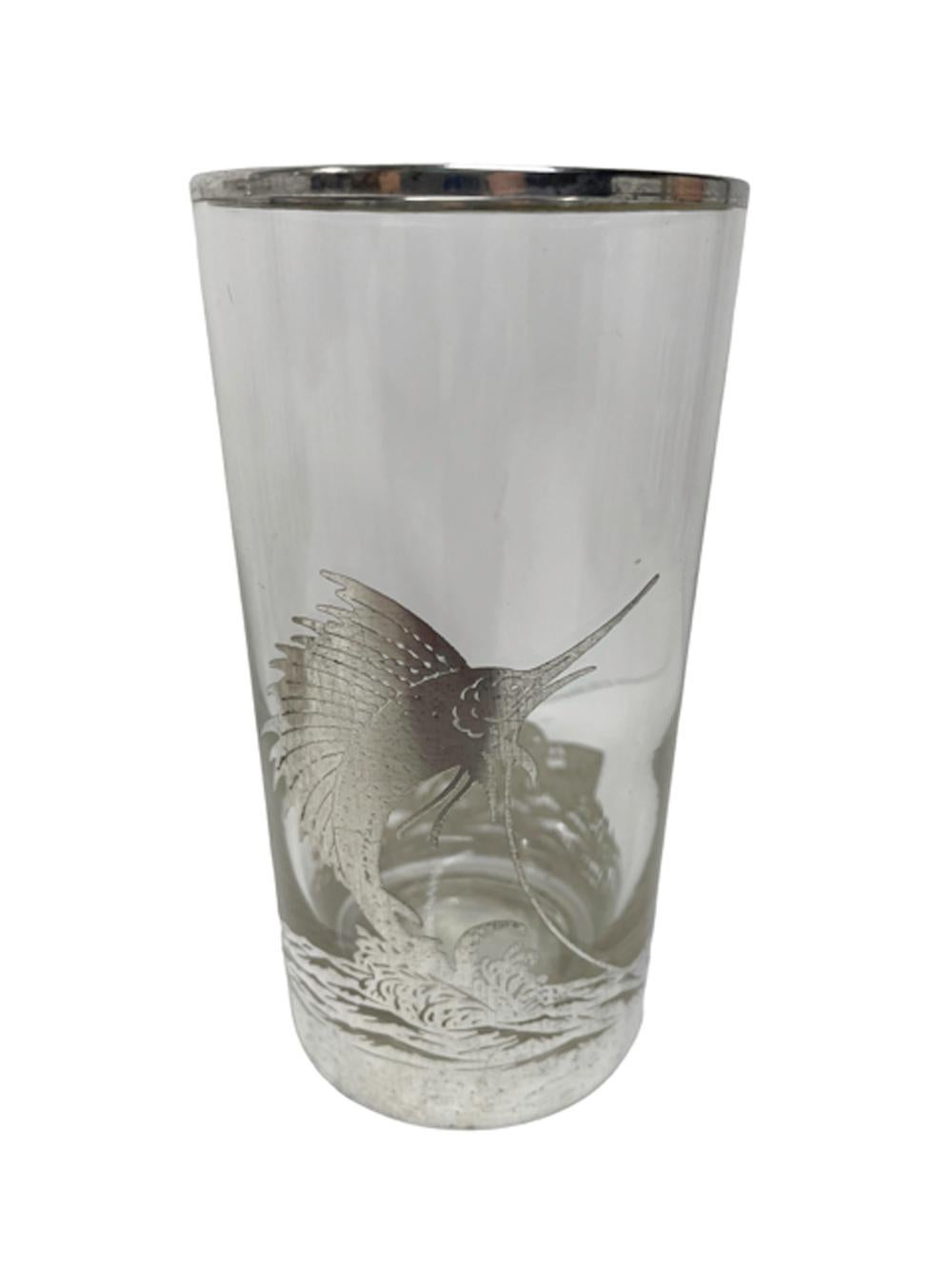Art Deco Silver Overlay Sailfish Pitcher and Eight Tumblers by Rockwell Silver For Sale 2
