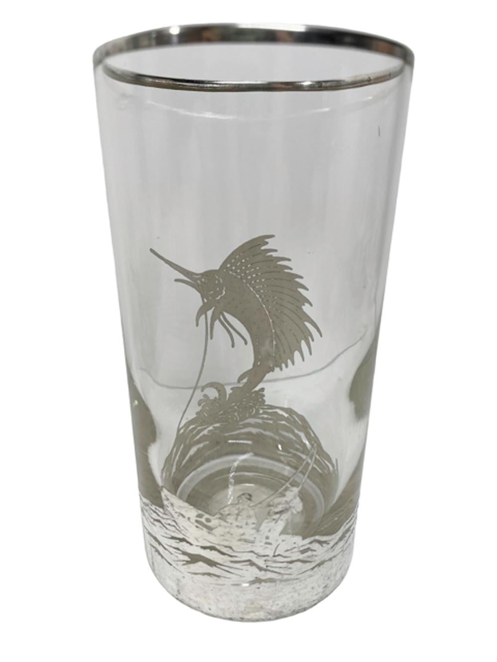 Art Deco Silver Overlay Sailfish Pitcher and Eight Tumblers by Rockwell Silver 3