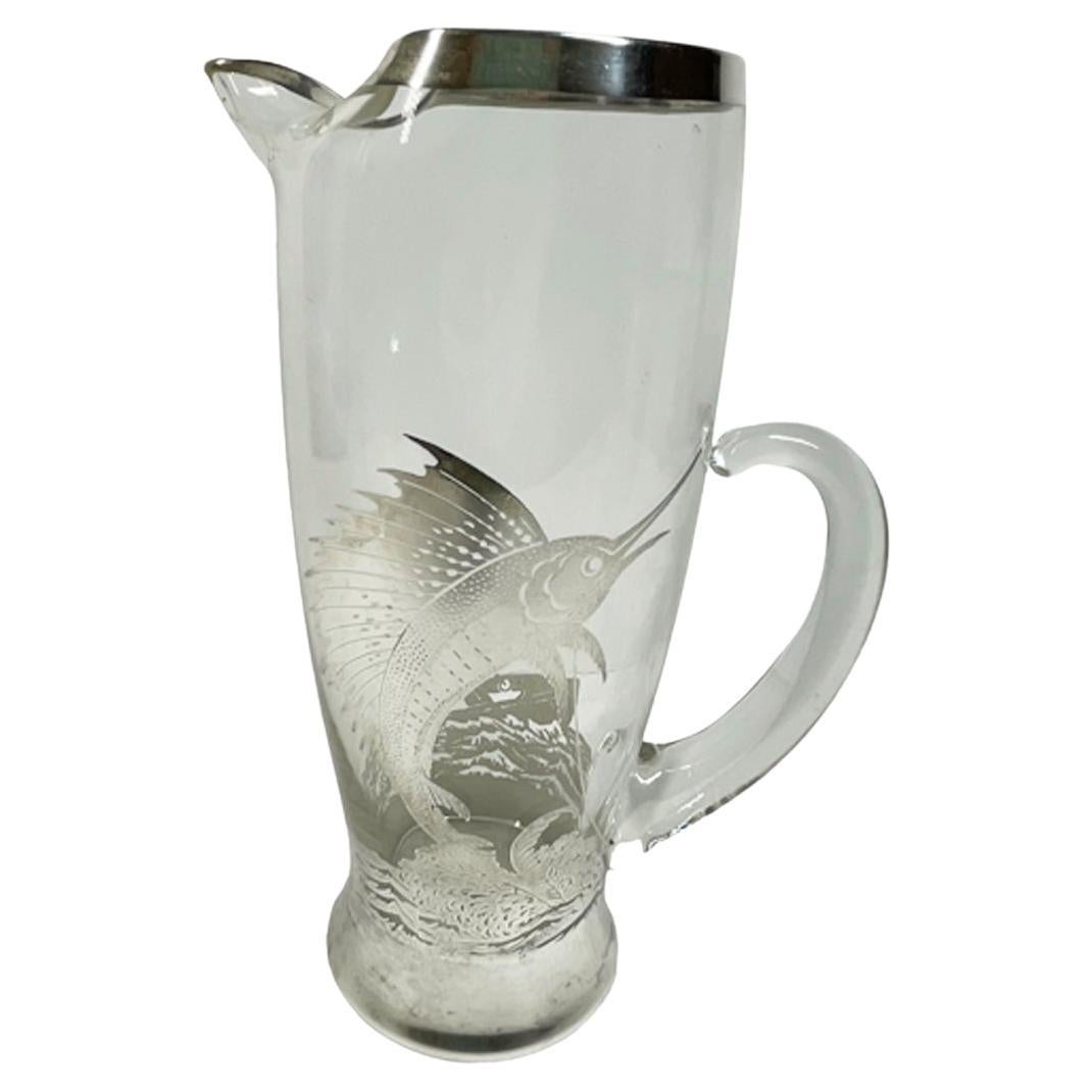 Art Deco Silver Overlay Sailfish Pitcher and Eight Tumblers by Rockwell Silver For Sale