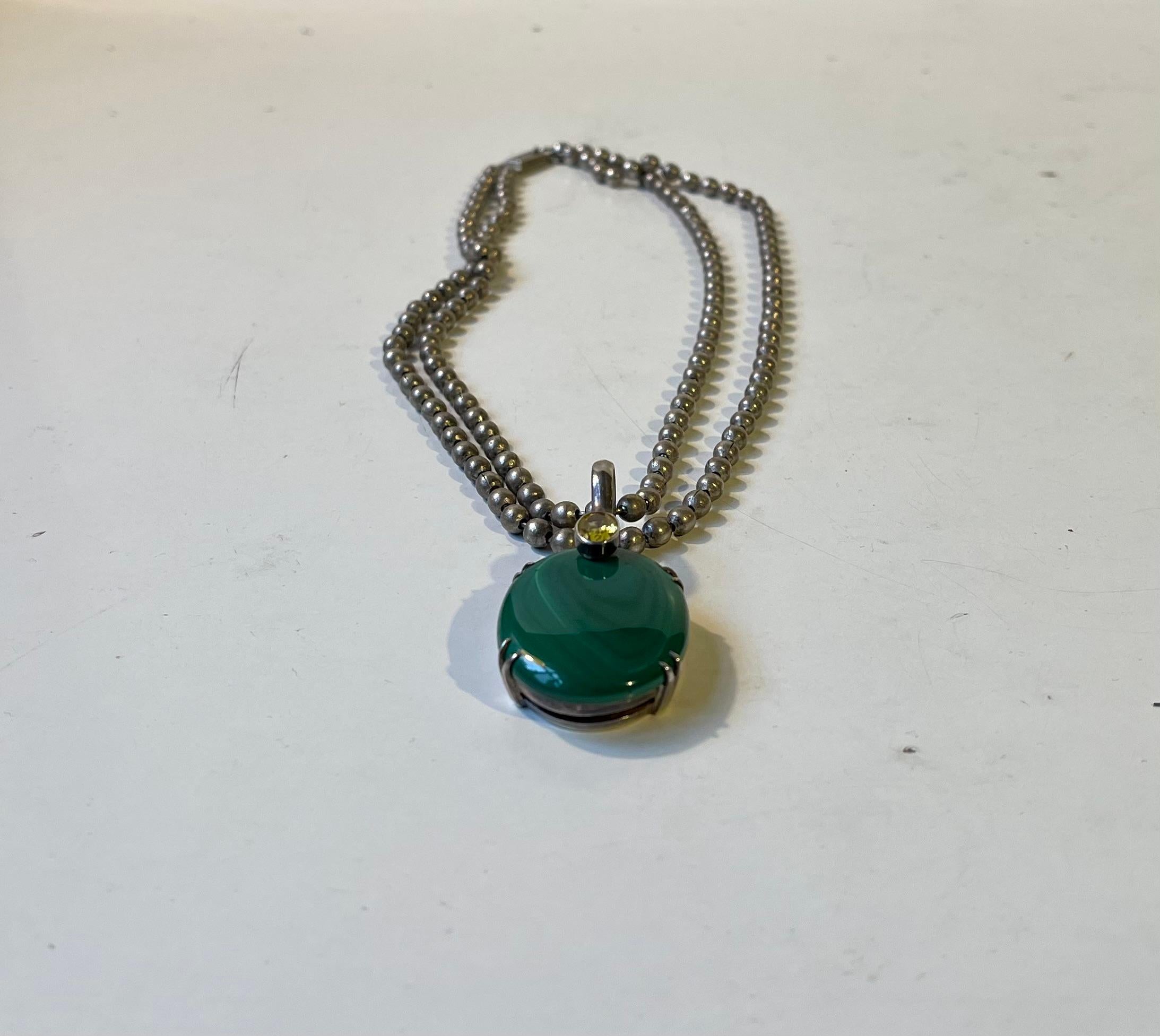 A sublime Art Deco statement piece of a pendant necklace with double braided ball chain and a large pendant in silver, malachite and yellow citrine. Un-indentified European/Scandinavian maker circa 1920-40. The chain is hallmarked 830s.