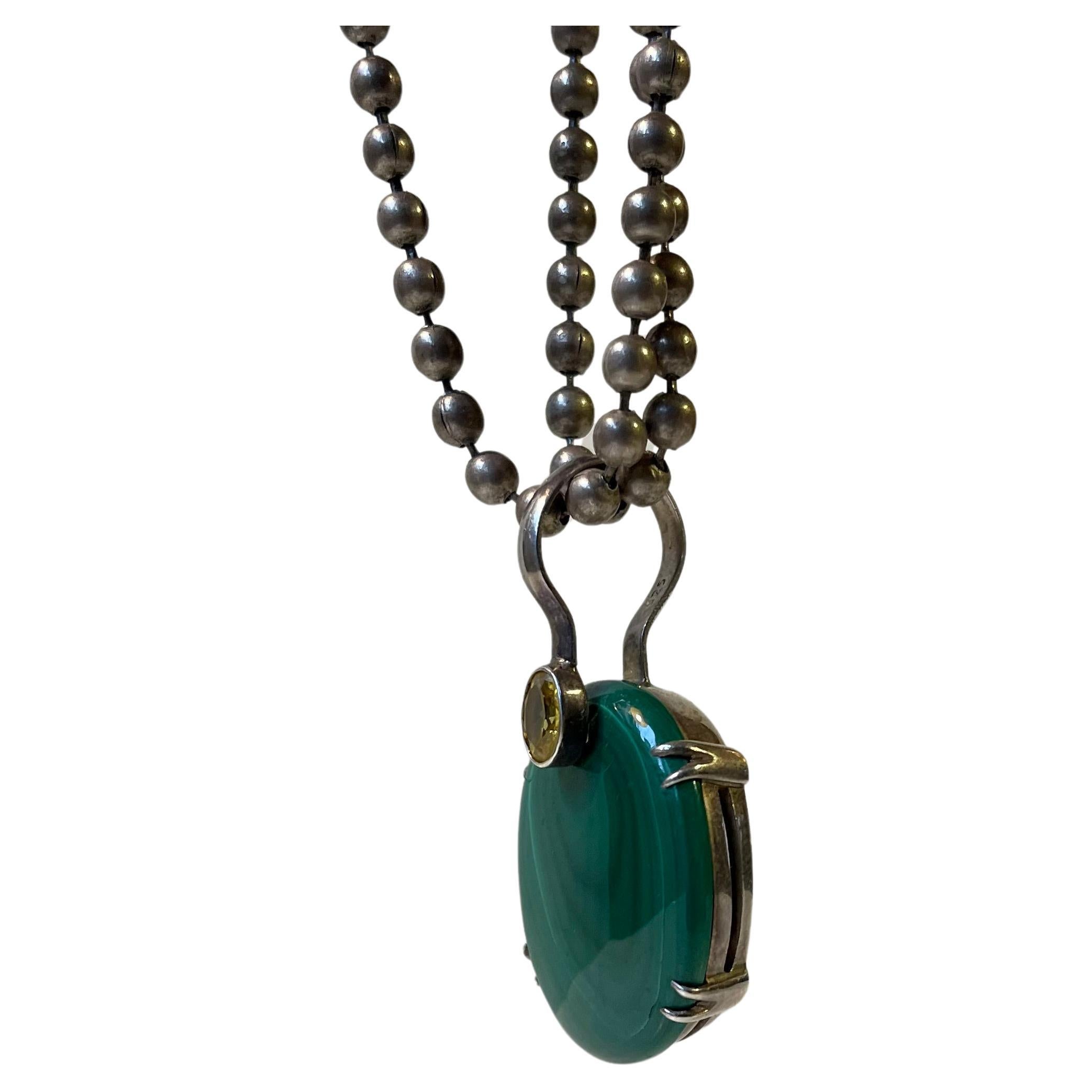 Art Deco Silver Pearl Necklace with Green Malachite Pendant