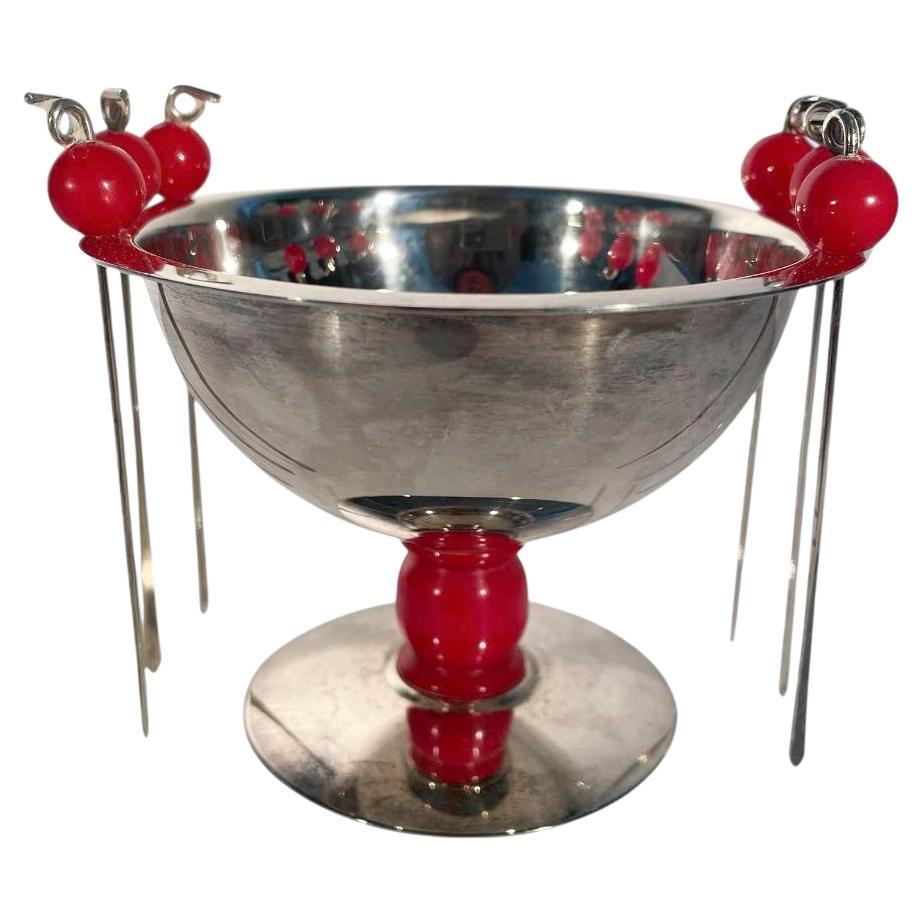 Art Deco Silver Plate and Bakelite Olive Compote and Pick Set by Napier For Sale