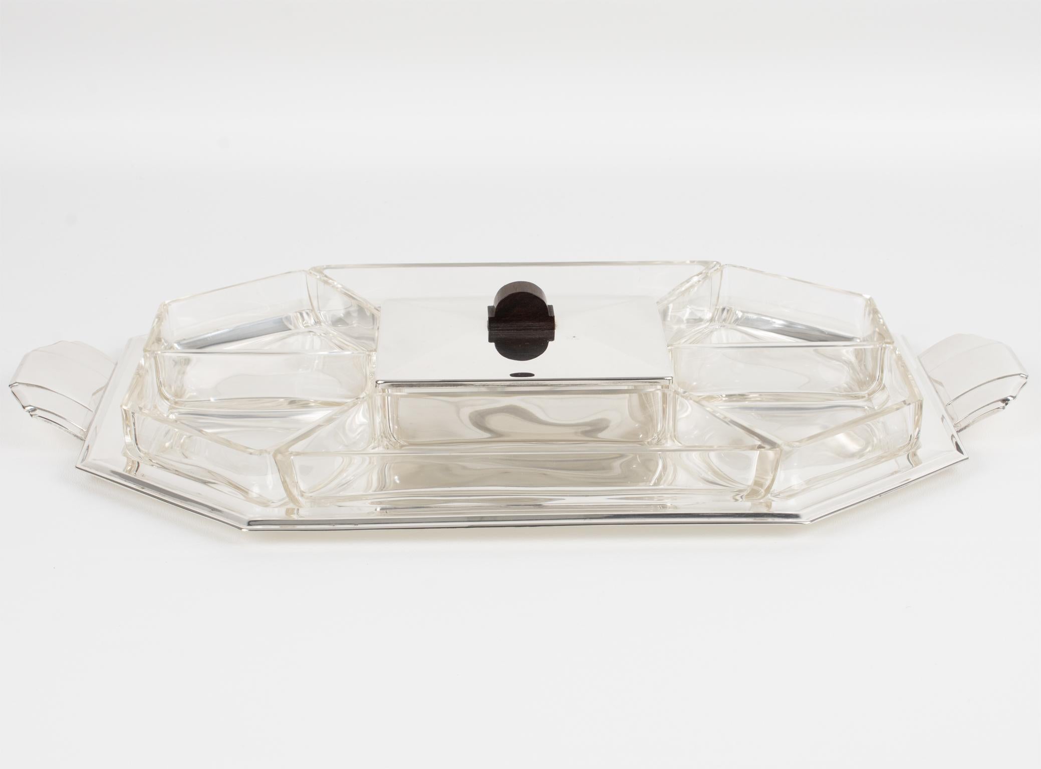 German Art Deco Silver Plate and Crystal Barware Tray and Dishes by Quist, circa 1930 For Sale