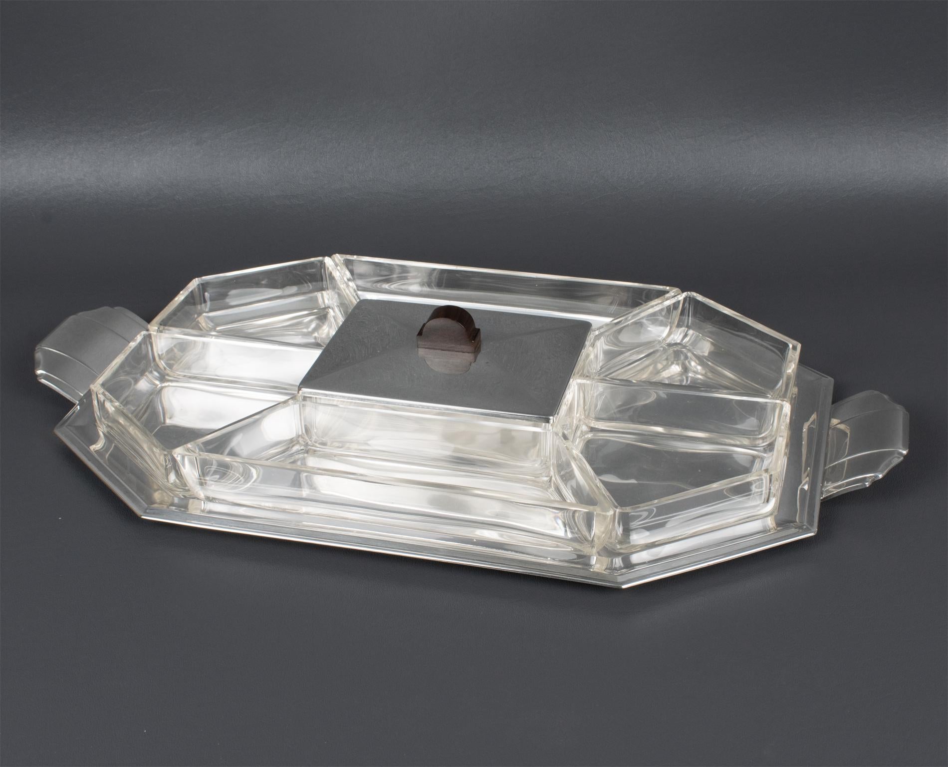 Beveled Art Deco Silver Plate and Crystal Barware Tray and Dishes by Quist, circa 1930 For Sale