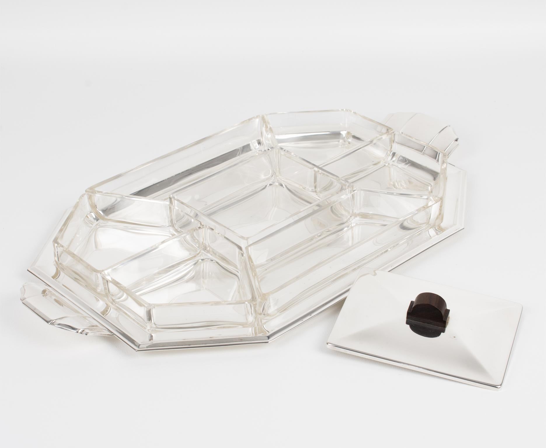 Art Deco Silver Plate and Crystal Barware Tray and Dishes by Quist, circa 1930 In Good Condition For Sale In Atlanta, GA