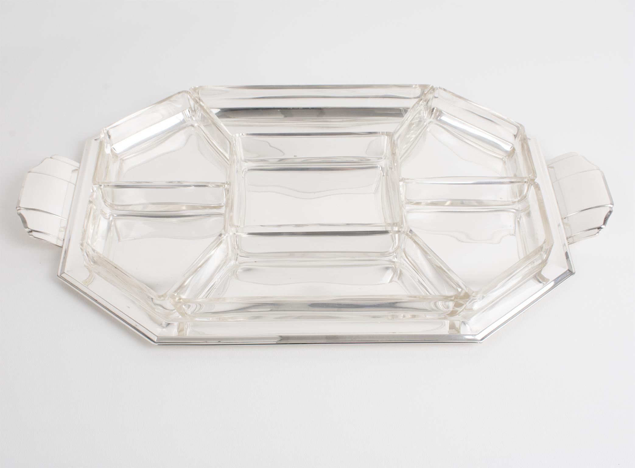 Mid-20th Century Art Deco Silver Plate and Crystal Barware Tray and Dishes by Quist, circa 1930 For Sale