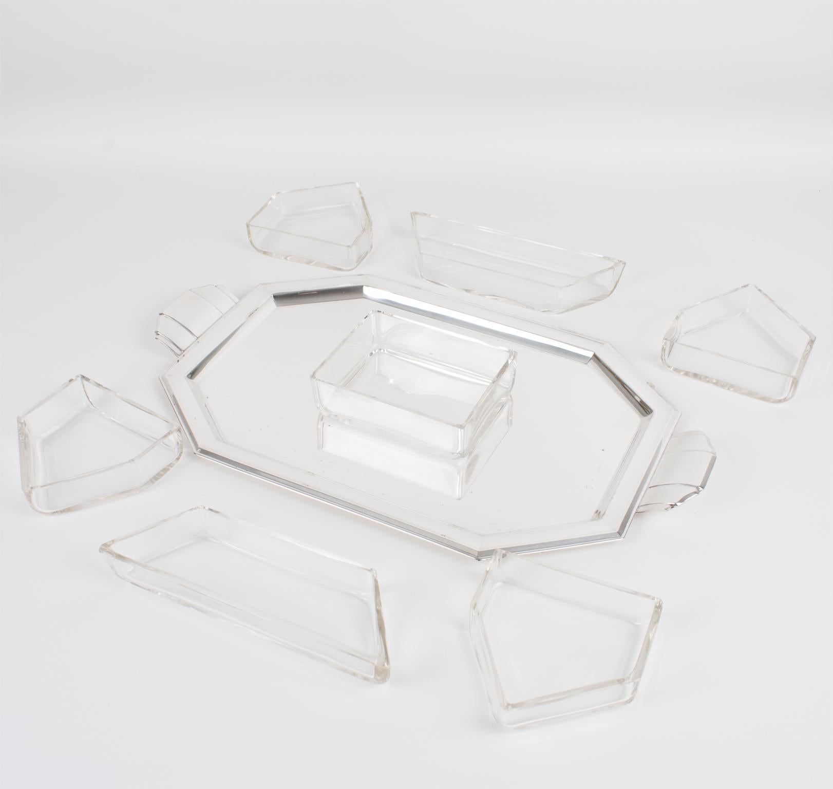 Metal Art Deco Silver Plate and Crystal Barware Tray and Dishes by Quist, circa 1930 For Sale
