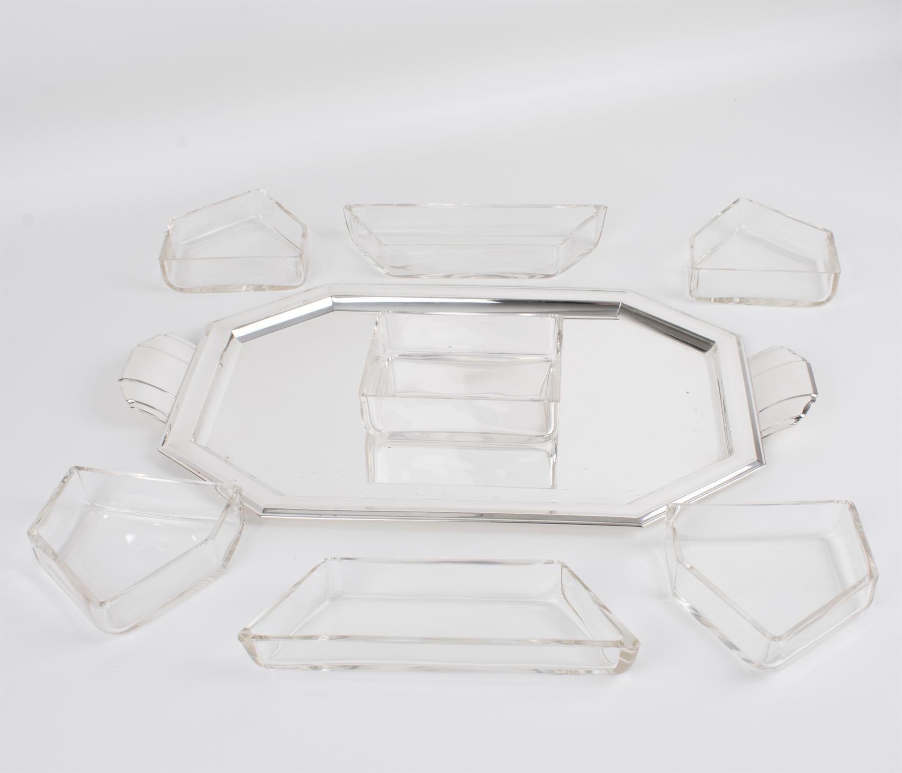 Art Deco Silver Plate and Crystal Barware Tray and Dishes by Quist, circa 1930 For Sale 1