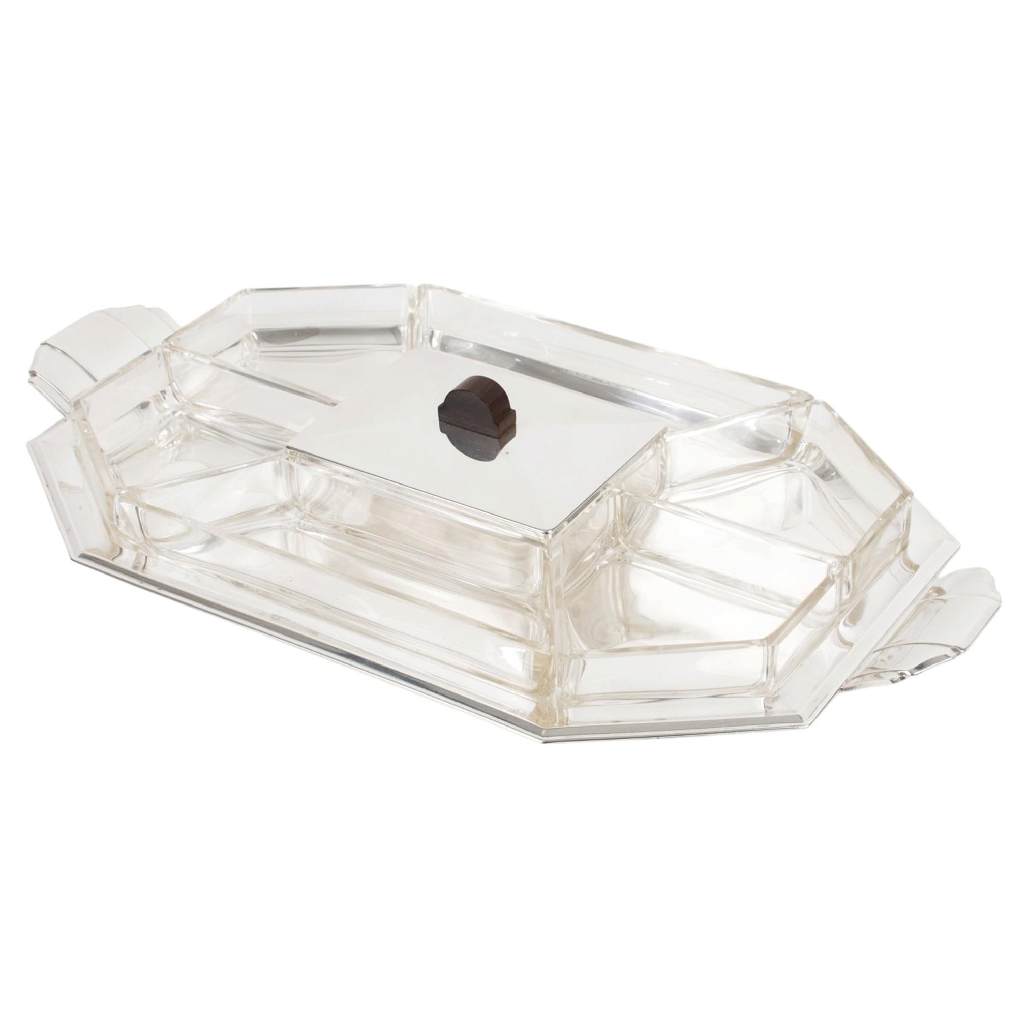 Art Deco Silver Plate and Crystal Barware Tray and Dishes by Quist, circa 1930 For Sale