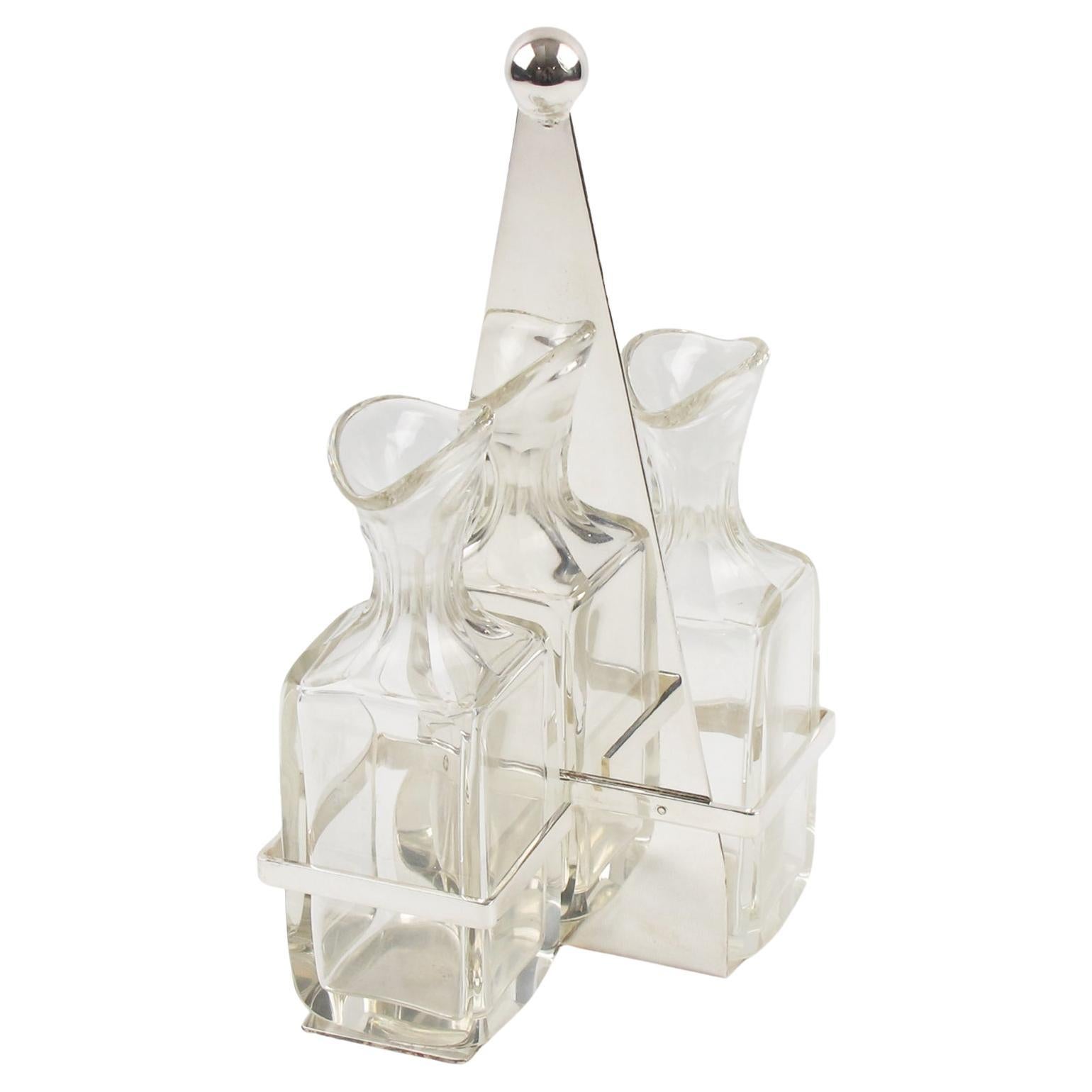 Öl- und Vinegar-Krüge-Set aus Silberblech und Kristall im Art déco-Stil von Quist, 1930er Jahre