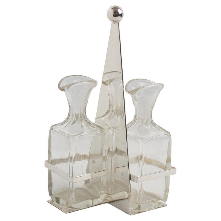 Art Deco Silver Plate and Crystal Oil and Vinegar Cruet Set For Sale at