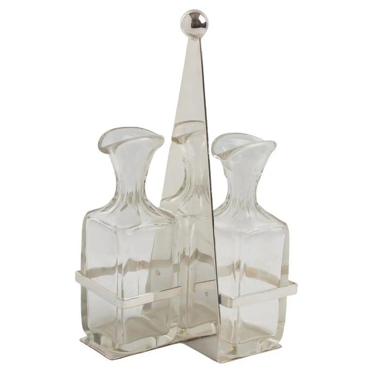 Art Deco Silver Plate and Crystal Oil and Vinegar Cruet Set For Sale at