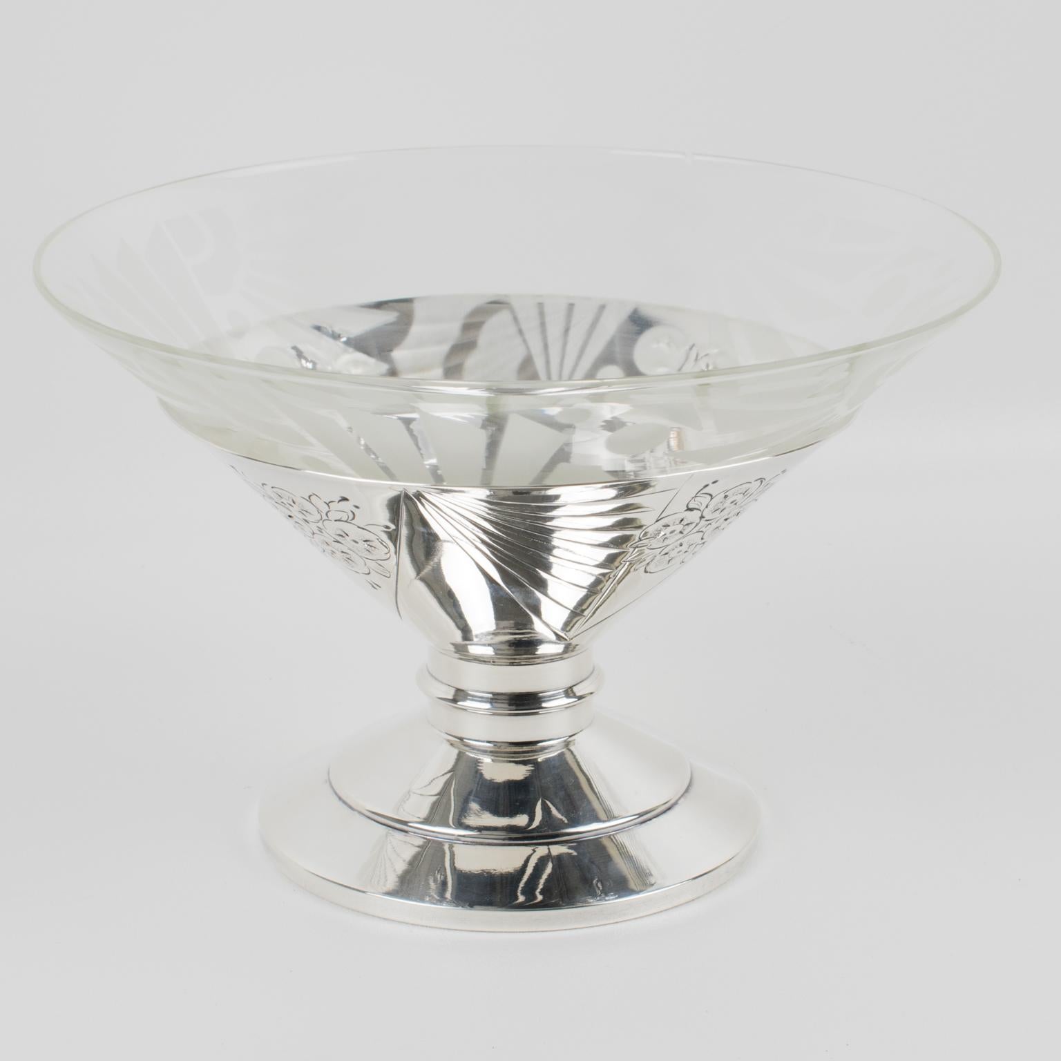 Art Deco Silver Plate and Etched Glass Centerpiece Bowl, 1930s For Sale 4