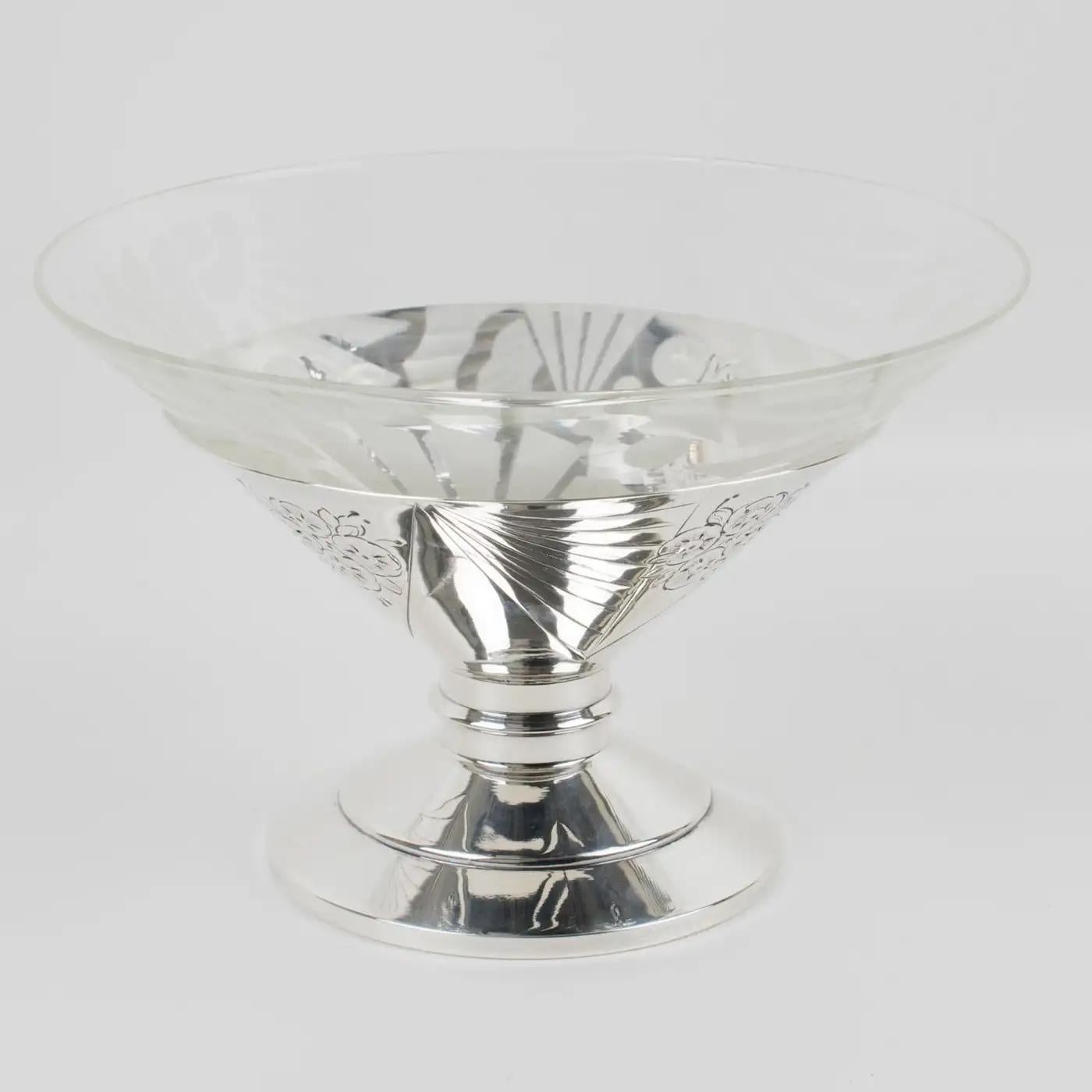 Bol de centre de table Art déco en métal argenté et verre gravé, années 1930 en vente 1