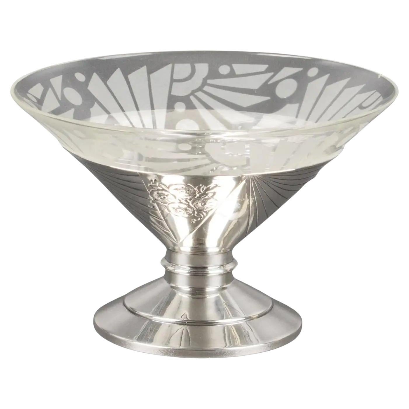 Art Deco Silver Plate and Etched Glass Centerpiece Bowl, 1930s For Sale