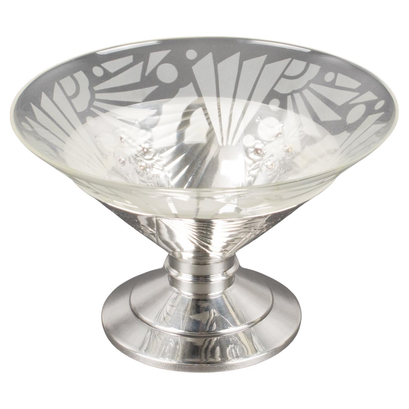 Cuenco centro de mesa Art Decó en chapa de plata y cristal grabado, años 30