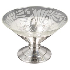 Cuenco centro de mesa Art Decó en chapa de plata y cristal grabado, años 30