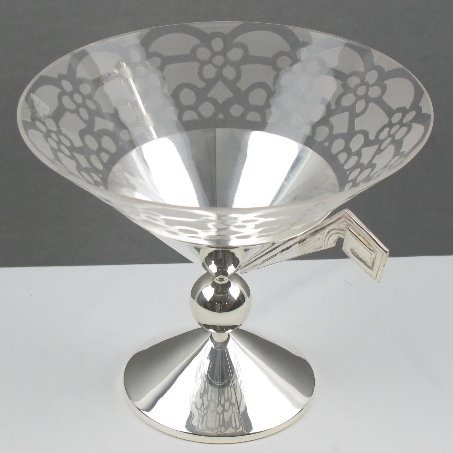 French Art Deco Silver Plate and Etched Glass Centerpiece Bowl, France 1930s For Sale