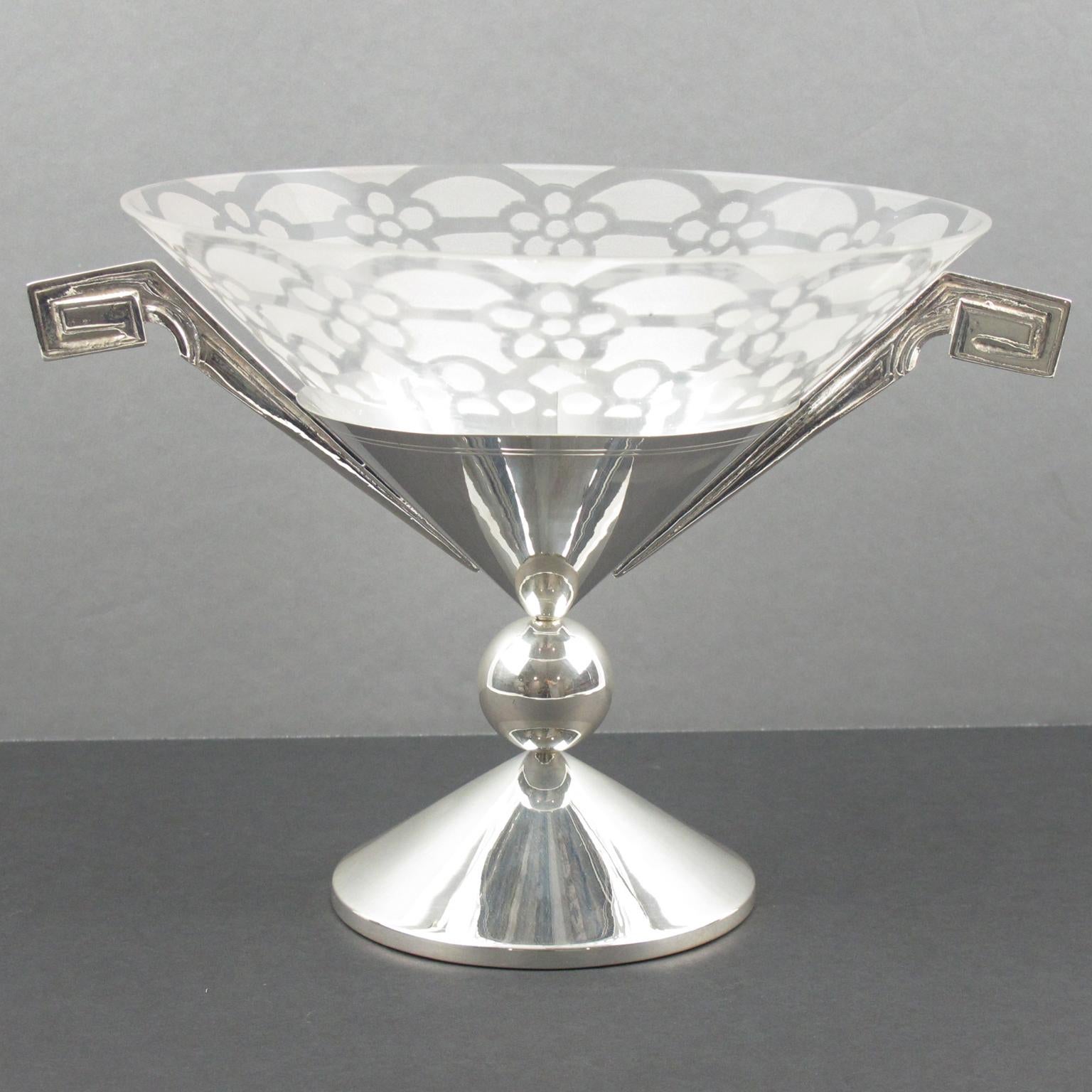 Metal Art Deco Silver Plate and Etched Glass Centerpiece Bowl, France 1930s For Sale