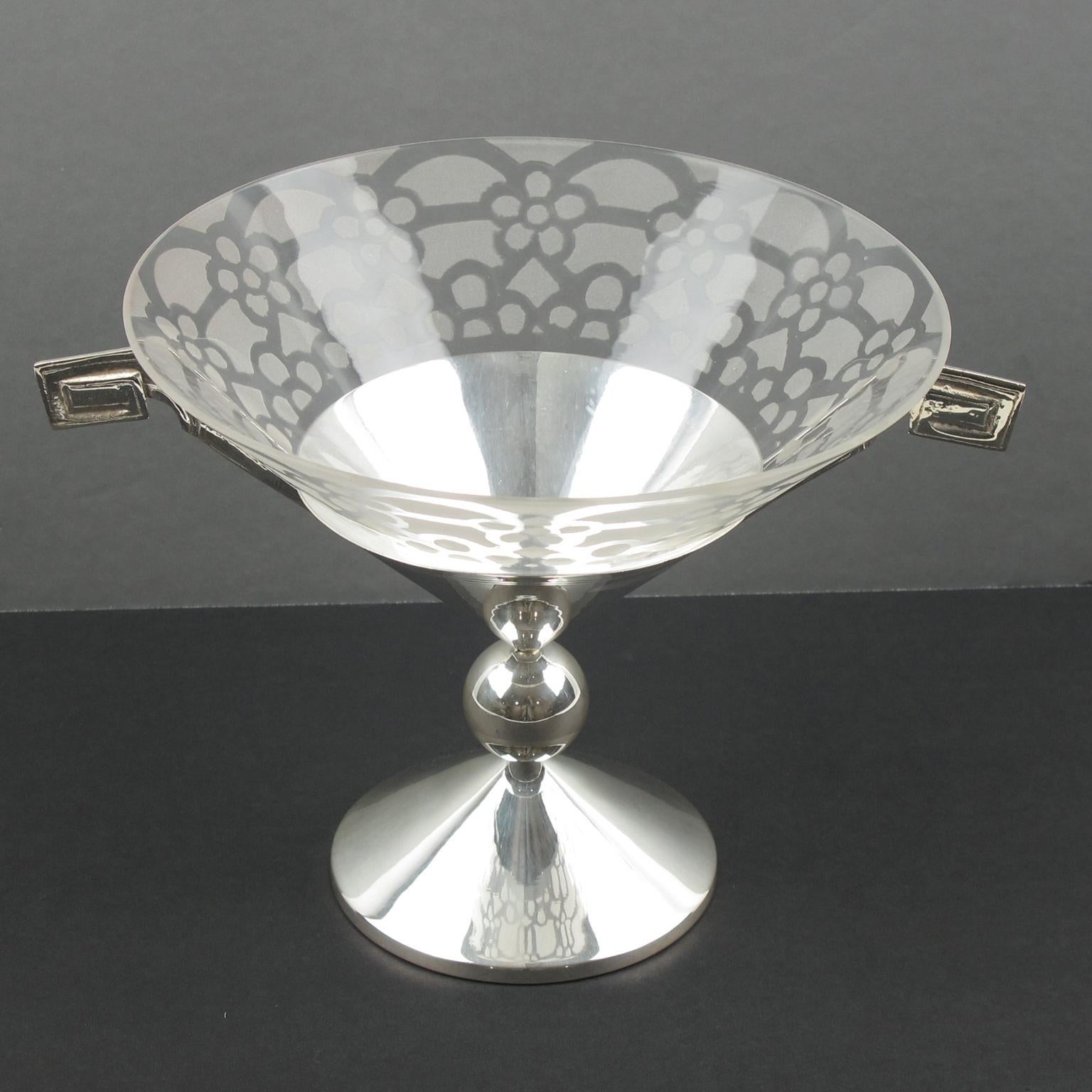 Art Deco Silver Plate and Etched Glass Centerpiece Bowl, France 1930s For Sale 1