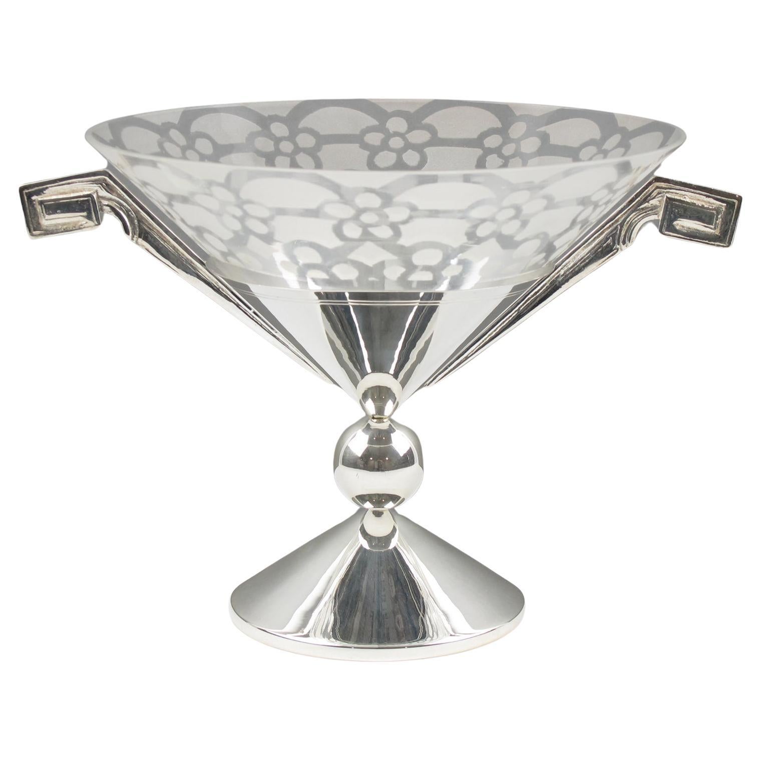 Art Deco Silver Plate and Etched Glass Centerpiece Bowl, France 1930s For Sale