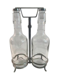 Art Deco Silver Plate and Glass Two Bottle Tantalus. Decanters Marked Hawkes