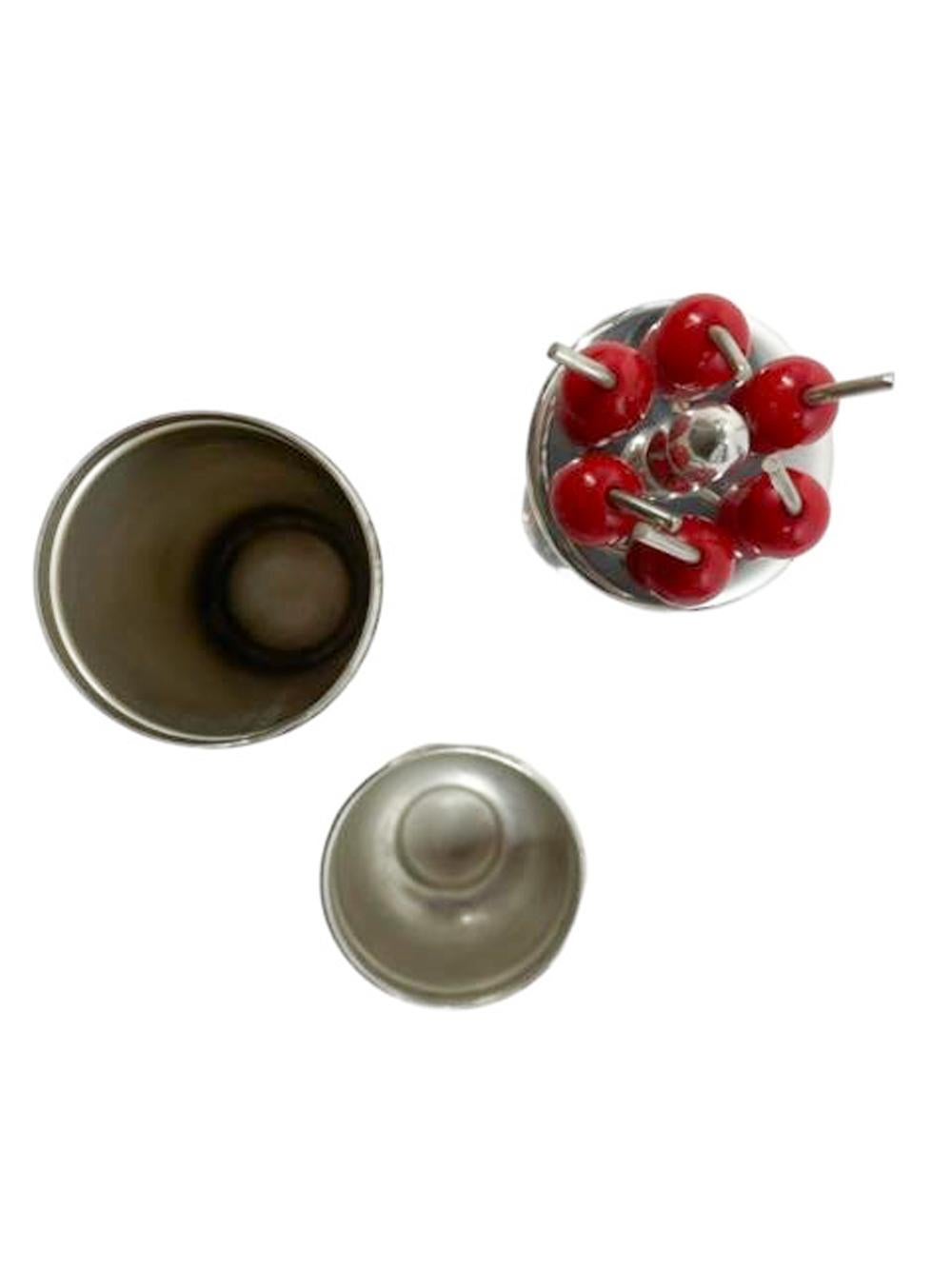 Art Deco Silver Plate & Bakelite Cocktail Picks in a Cocktail Shaker Form Jigger In Good Condition In Chapel Hill, NC