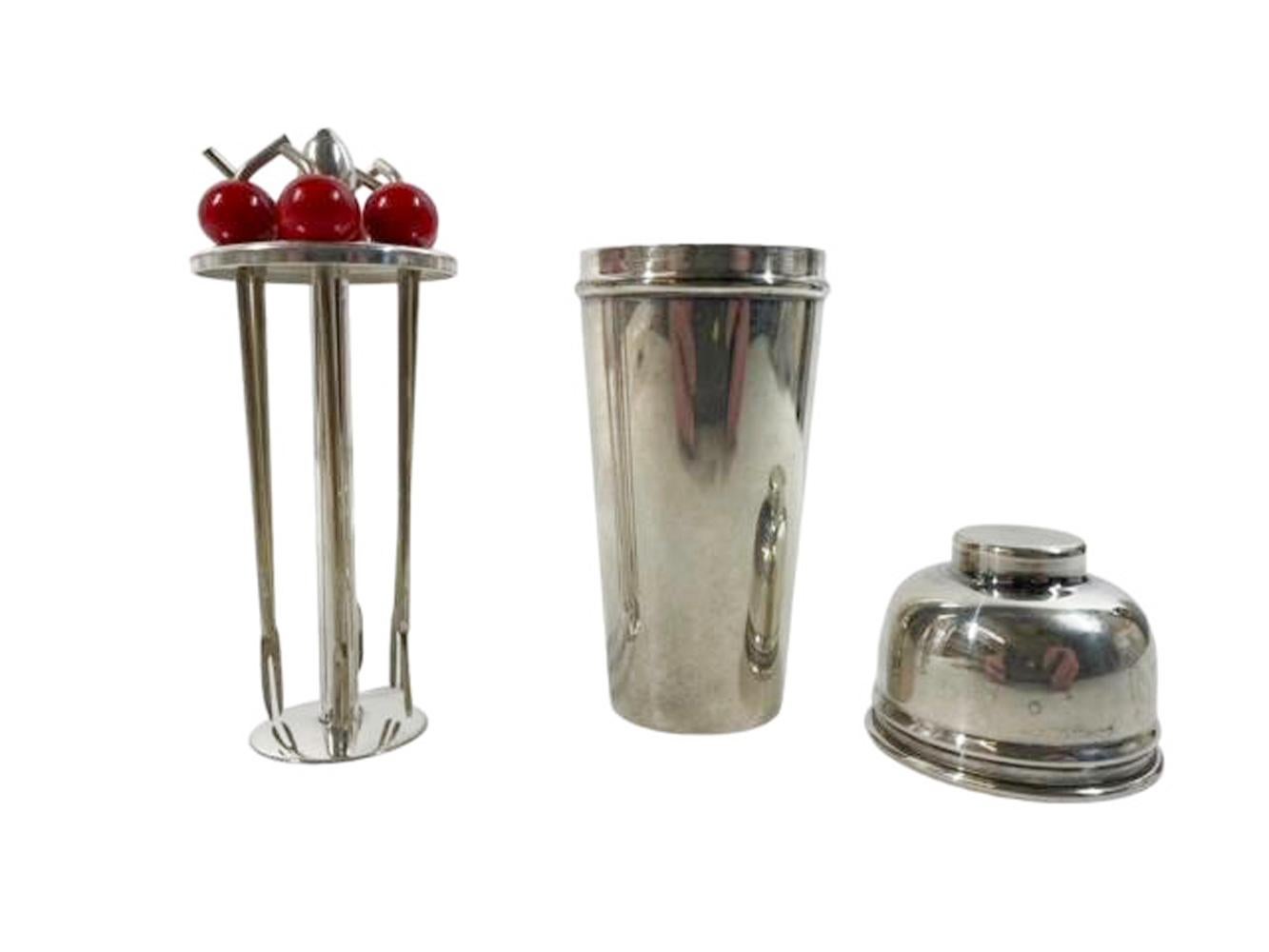 Art Deco Silver Plate & Bakelite Cocktail Picks in a Cocktail Shaker Form Jigger 3