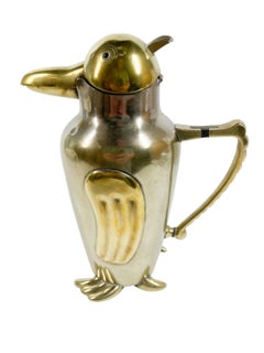 Art Deco Silver Plate / Brass Penguin Bar Pitcher w/Glass Eyes & Mechanical Beak