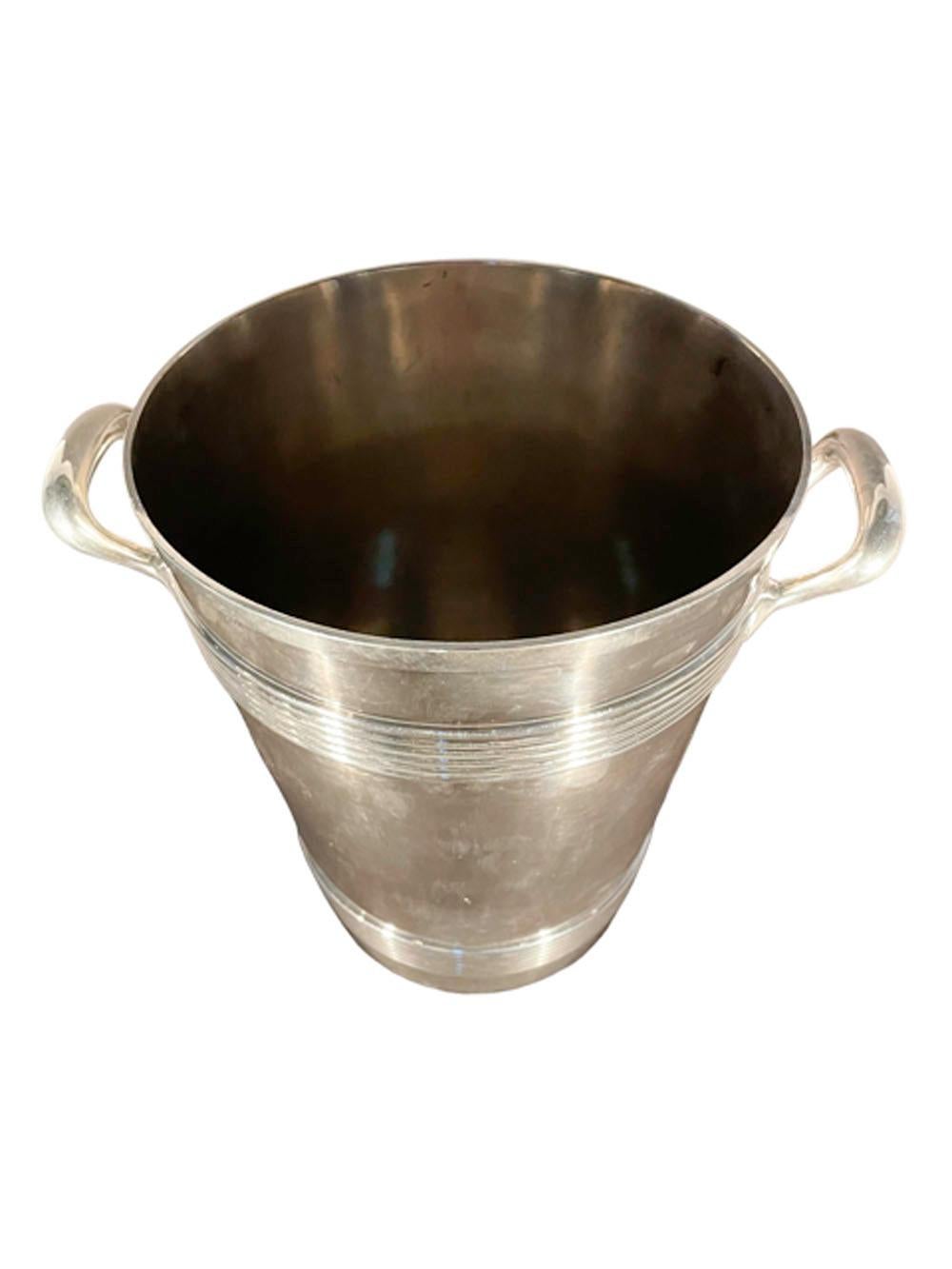Art Deco silver plate champagne / wine bucket of tapered form by Wilcox S.P. Co. having 2 reeded bands and fixed loop handles.