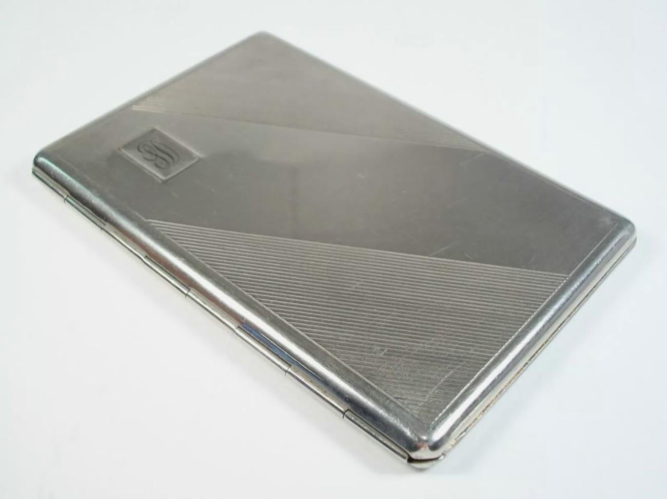Engraved Art Deco Silver Plate Cigarette Case - Monogrammed - Unsigned - Circa 1930's For Sale