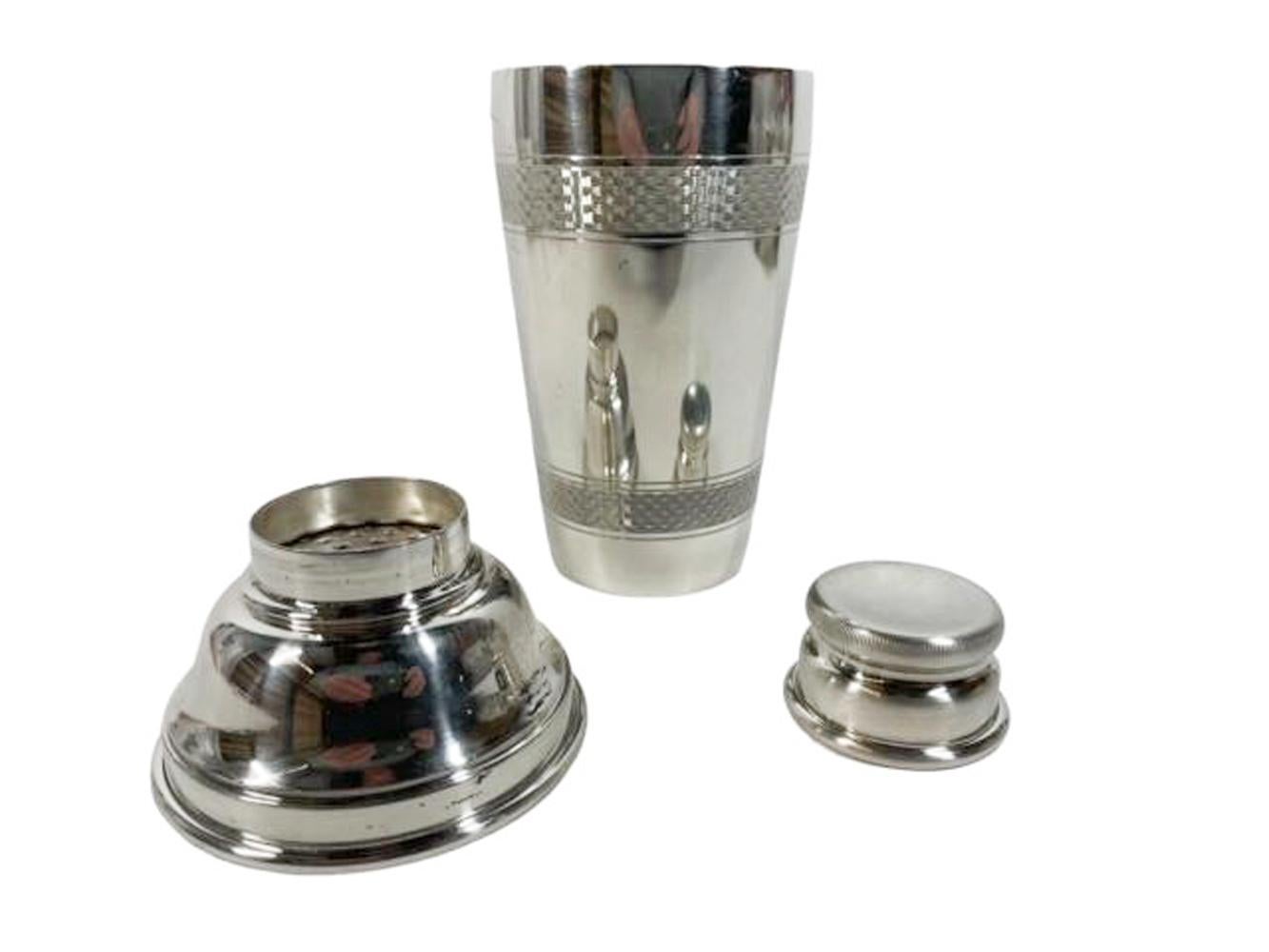 American Art Deco Silver Plate Cobbler Type Cocktail Shaker with Engine Turned Bands For Sale