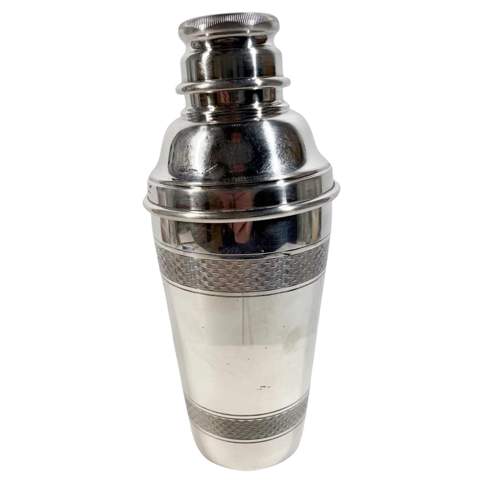 Art Deco Silver Plate Cobbler Type Cocktail Shaker with Engine Turned Bands For Sale
