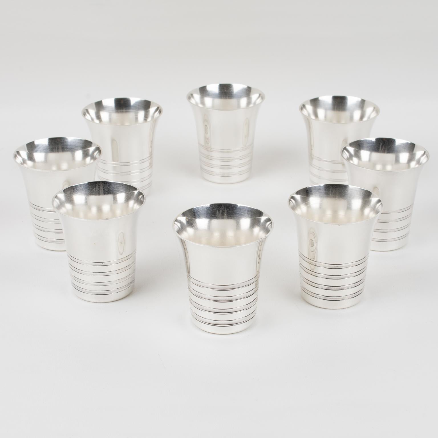Art Deco Silver Plate Cocktail Shaker and Eight Barware Glasses, France 1940s For Sale 5