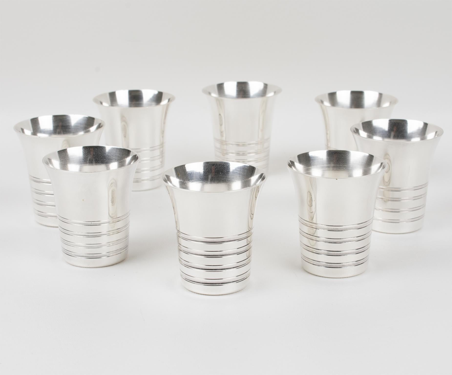 Art Deco Silver Plate Cocktail Shaker and Eight Barware Glasses, France 1940s 6