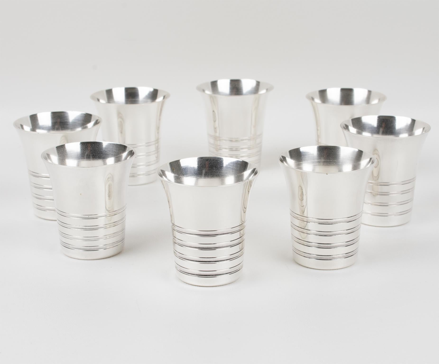 Art Deco Silver Plate Cocktail Shaker and Eight Barware Glasses, France 1940s For Sale 6